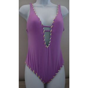 Becca x Rebecca Virtue Sz S Prp/Teal Skylar Plunge Reversible 1-Pc Swimsuit $138